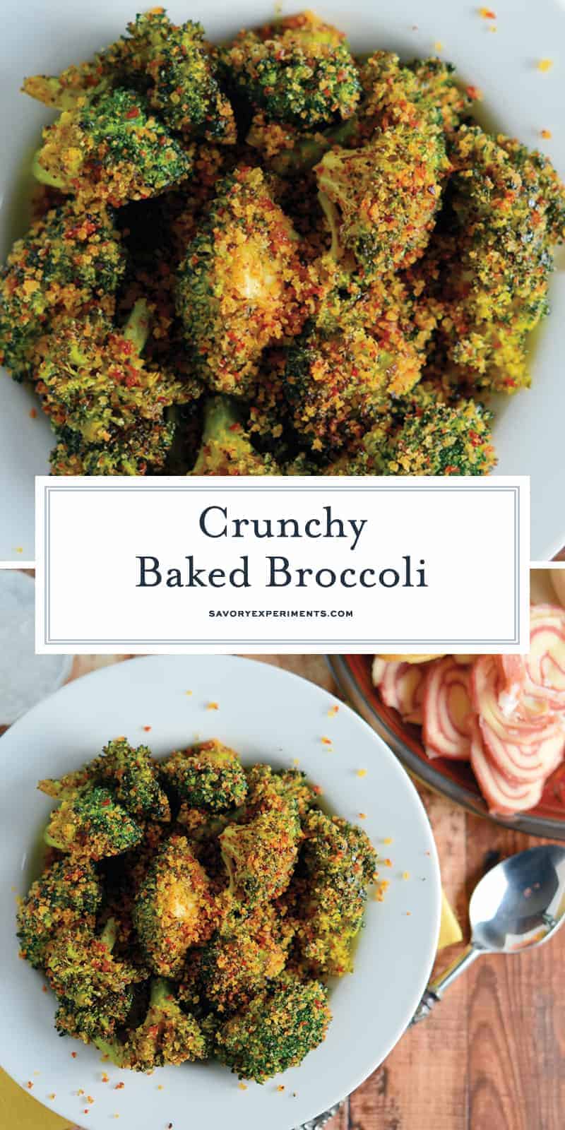 Crunchy baked broccoli tossed in a crisp, tangy mix with two secret ingredients that will make this broccoli recipe your favorite side dish! #bakedbroccoli #ovenbakedbroccoli www.savoryexperiments.com