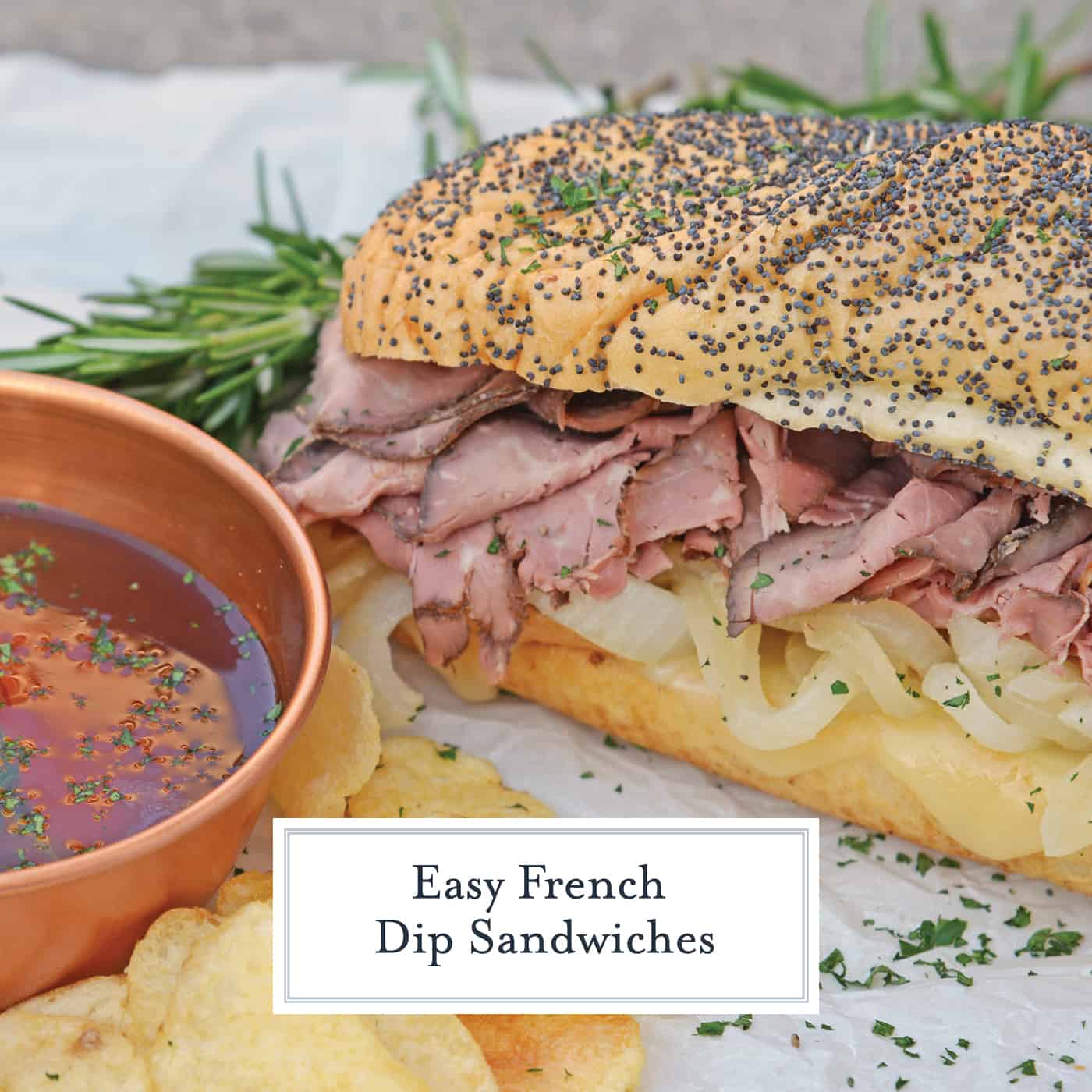 Easy French Dip Sandwiches are made from tender roast beef with caramelized onions, roasted garlic, whipped horseradish cream sauce on brioche rolls! #roastbeefsandwich #frenchdipsandwiches www.savoryexperiments.com