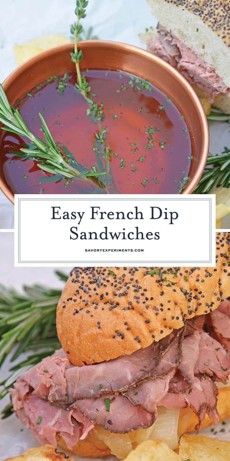 Easy French Dip Sandwiches are made from tender roast beef with caramelized onions, roasted garlic, whipped horseradish cream sauce on brioche rolls! #roastbeefsandwich #frenchdipsandwiches www.savoryexperiments.com