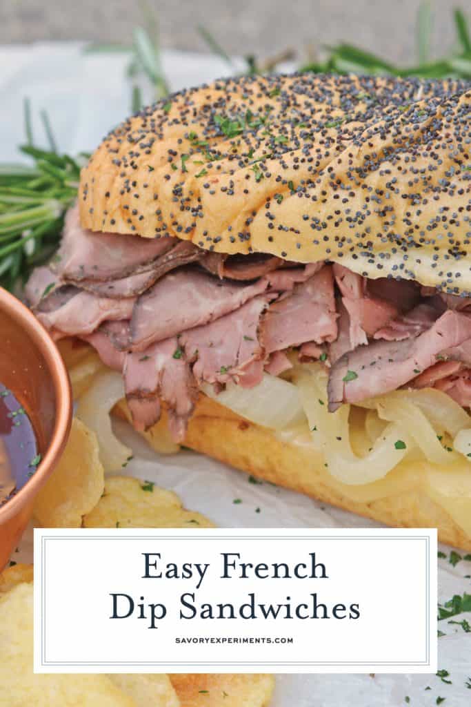 Easy French Dip Sandwiches - A Delicious Roast Beef Sandwich - Easy French Dip Sandwiches are made from tender roast beef with caramelized onions, roasted garlic, whipped horseradish cream sauce on brioche rolls! These roast beef sandwiches are one of our favorite lunch meals, and they will become one of yours as well! #easyfrenchdipsandwich