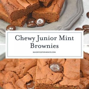 Junior Mint Brownies are homemade brownies blended with cool, creamy Junior Mints. This delicious chewy brownie recipe will satisfy any brownie cravings! #homemadebrownies #juniormints #cheweybrownierecipe www.savoryexperiments.com