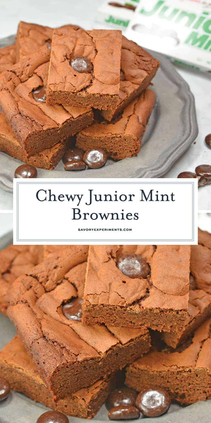 Junior Mint Brownies are homemade brownies blended with cool, creamy Junior Mints. This delicious chewy brownie recipe will satisfy any brownie cravings! #homemadebrownies #juniormints #chewybrownierecipe www.savoryexperiments.com