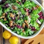 Kale Salad Recipe-tossed with currants, radicchio, walnuts and a lemon dressing. Find out my secret tips on making your kale salads silky smooth and how to make kale chips with the leftovers! www.savoryexperiments.com