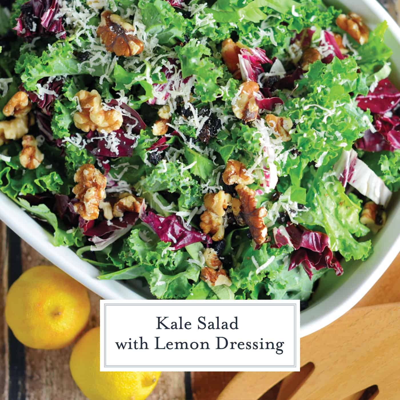 Kale Salad with Lemon Dressing is tossed with currants, radicchio, walnuts and a lemon dressing. Learn how to massage kale salad and make a delicious salad! #kalesaladrecipes #kalesaladdressing www.savoryexperiments.com 