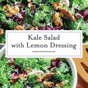 Kale Salad with Lemon Dressing is tossed with currants, radicchio, walnuts and a lemon dressing. Learn how to massage kale salad and make a delicious salad! #kalesaladrecipes #kalesaladdressing www.savoryexperiments.com