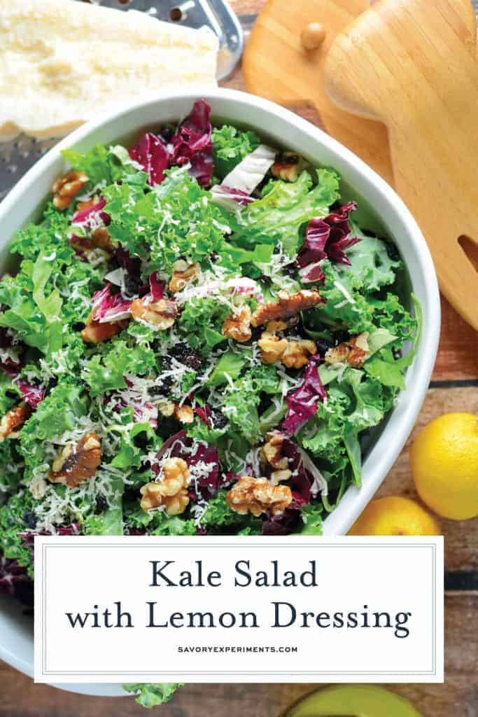 Kale Salad with Lemon Dressing is tossed with currants, radicchio, walnuts and a lemon dressing. Learn how to massage kale salad and make a delicious salad! #kalesaladrecipes #kalesaladdressing www.savoryexperiments.com