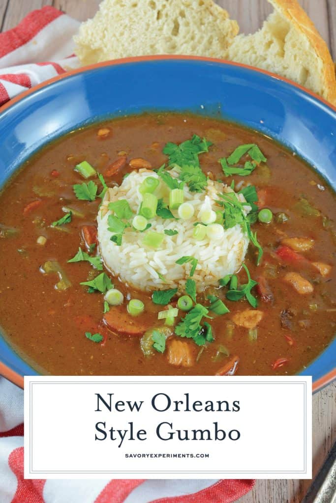 Authentic New Orleans Gumbo is a rich & hearty sauce mixed with vegetables, Andouille sausage, chicken & even seafood! Serve on rice for a perfect Creole meal! #gumborecipe #seafoodgumbo www.savoryexperiments.com