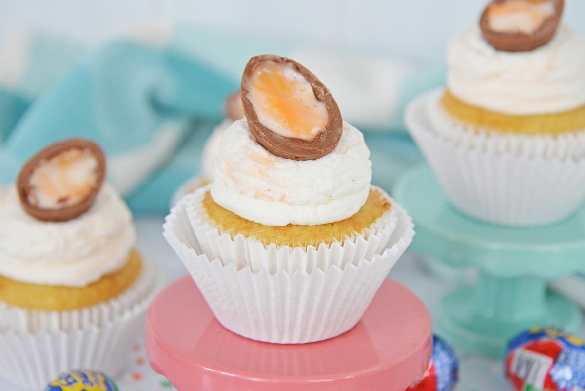 overhead of cadbury egg cupcakes