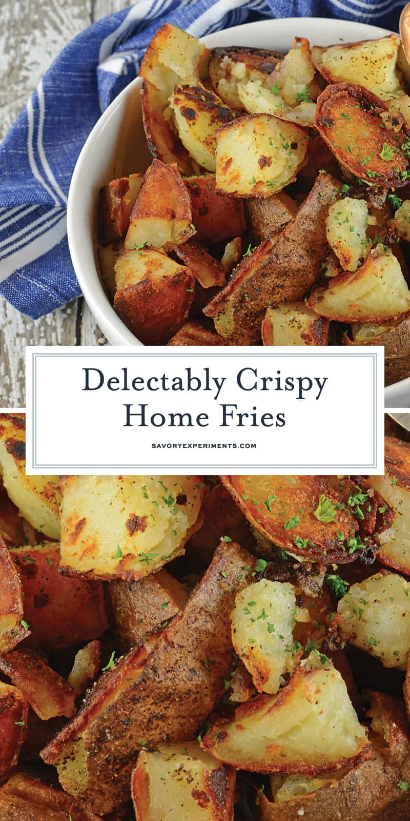 Make Crispy Home Fries like at the restaurant right at home! My recipe is super crispy, and has a secret ingredient that makes them the best potatoes ever! #breakfastpotatoes #howtomakehomefries #potatorecipes www.savoryexperiments.com
