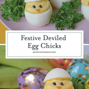 Deviled Egg Chicks take a classic deviled egg recipe and make them into Easter deviled eggs! Perfect as an Easter brunch recipe or appetizer. #deviledeggchicks #easterdeviledeggs www.savoryexperiments.com