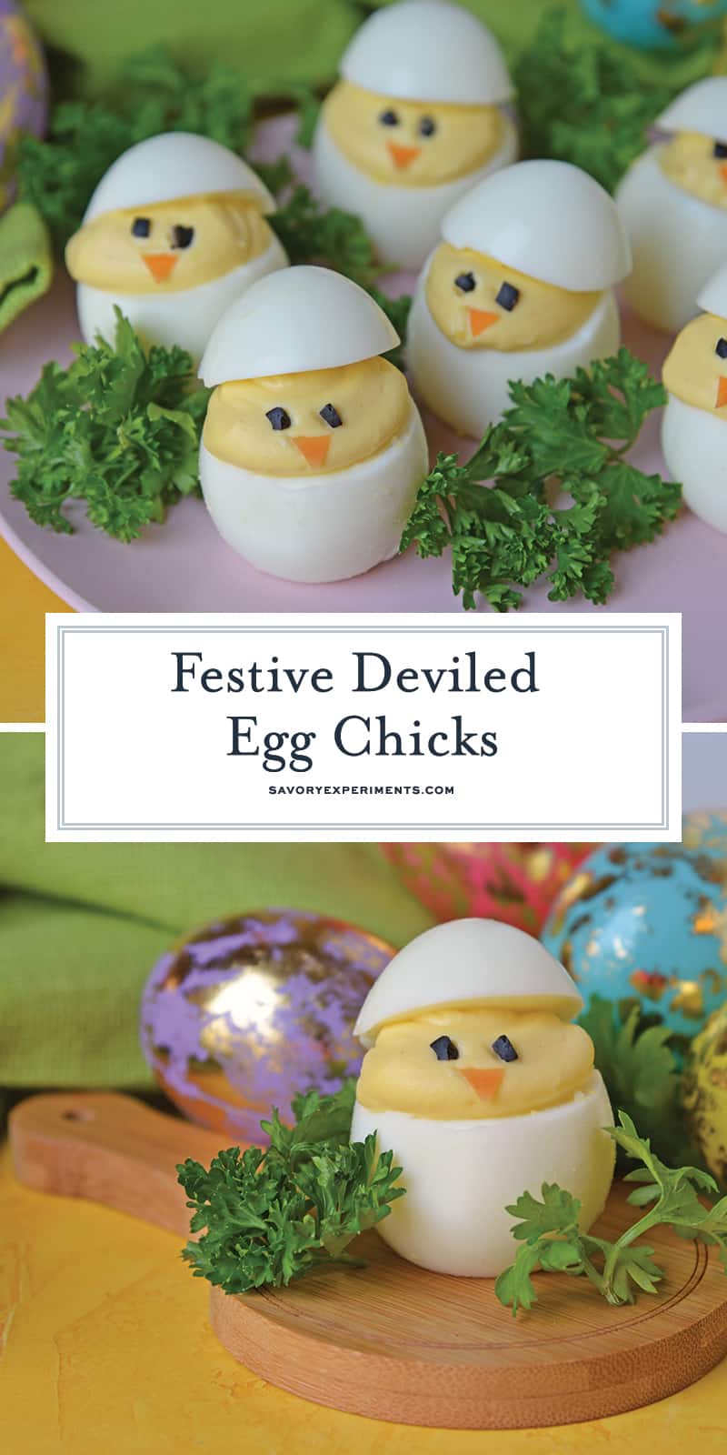 Deviled Egg Chicks take a classic deviled egg recipe and make them into Easter deviled eggs! Perfect as an Easter brunch recipe or appetizer. #deviledeggchicks #easterdeviledeggs www.savoryexperiments.com