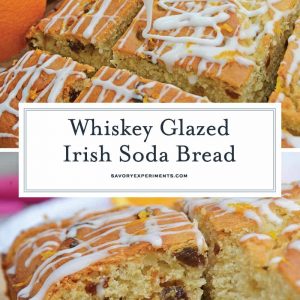 This Irish Soda Bread with Whiskey Glaze recipe is Irish food at its best! It consists of whiskey, caraway seeds, currants, and fresh orange juice and zest! #irishsodabreadrecipe #irishsodabreadhistory www.savoryexperiments.com