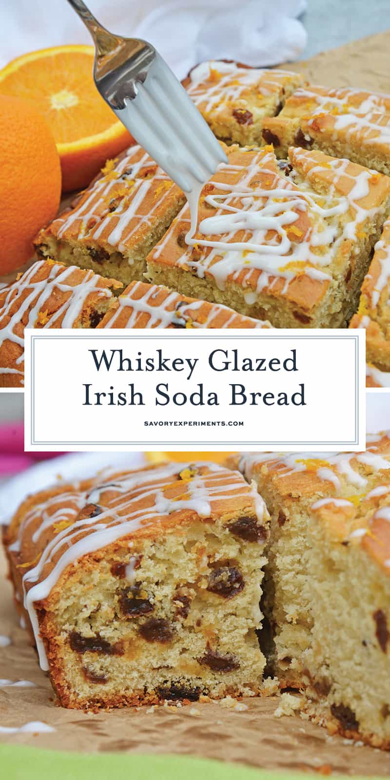 This Irish Soda Bread with Whiskey Glaze recipe is Irish food at its best! It consists of whiskey, caraway seeds, currants, and fresh orange juice and zest! #irishsodabreadrecipe #irishsodabreadhistory www.savoryexperiments.com