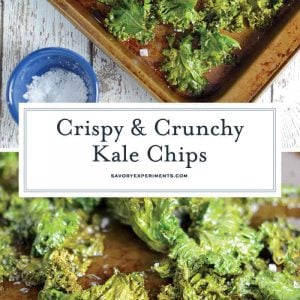 All you need for this Kale Chips recipe is kale leaves, olive oil, and sea salt! A tasty, easy, and healthy alternative to potato chips! #kalechipsrecipe #bakedkalechips www.savoryexperiments.com