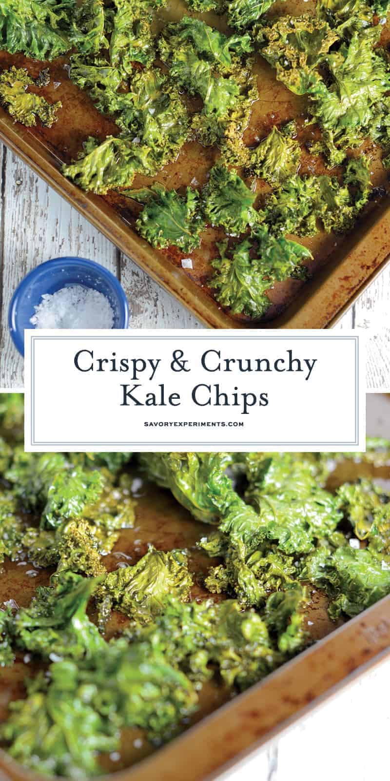 All you need for this Kale Chips recipe is kale leaves, olive oil, and sea salt! A tasty, easy, and healthy alternative to potato chips! #kalechipsrecipe #bakedkalechips www.savoryexperiments.com 