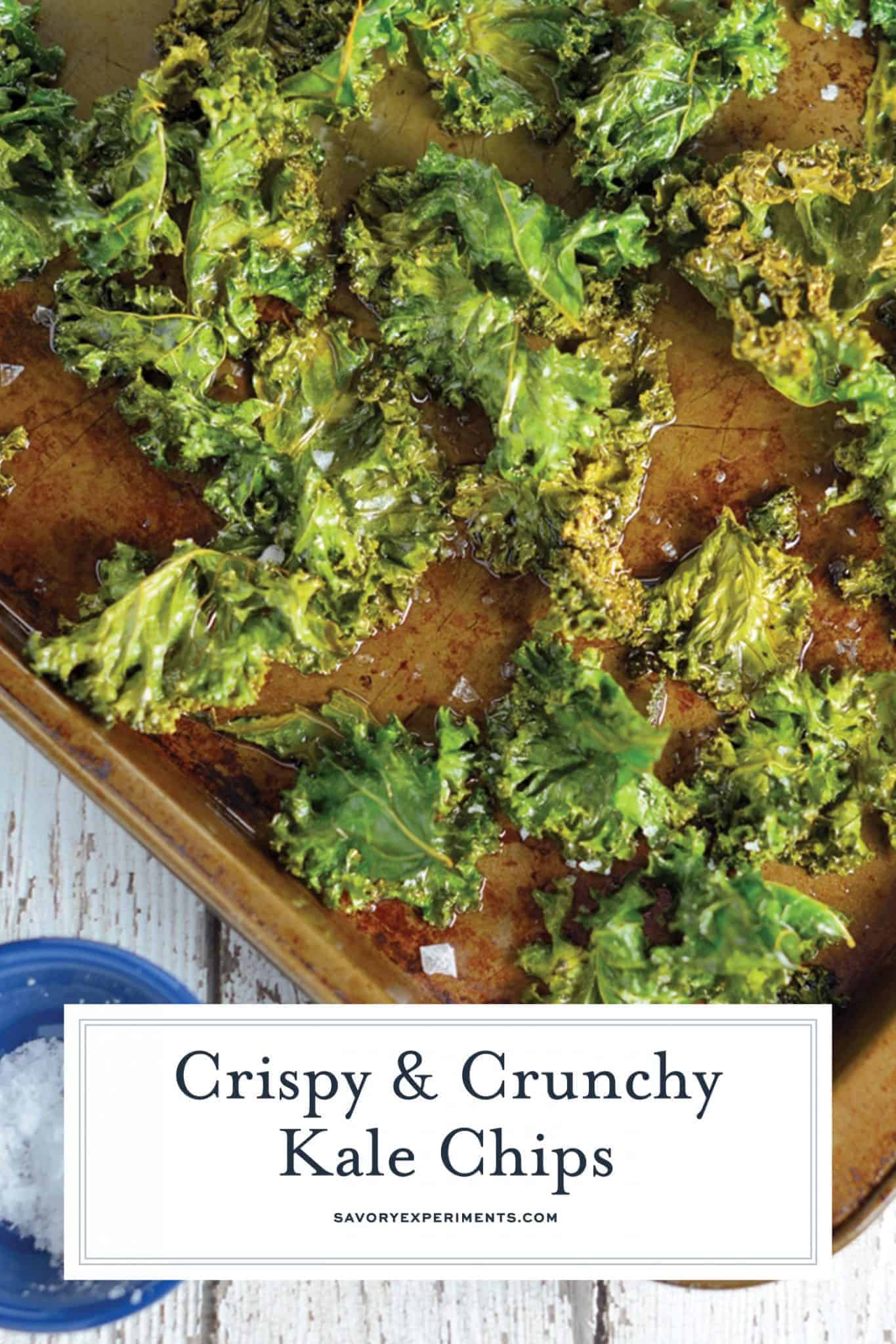 All you need for this Kale Chips recipe is kale leaves, olive oil, and sea salt! A tasty, easy, and healthy alternative to potato chips! #kalechipsrecipe #bakedkalechips www.savoryexperiments.com