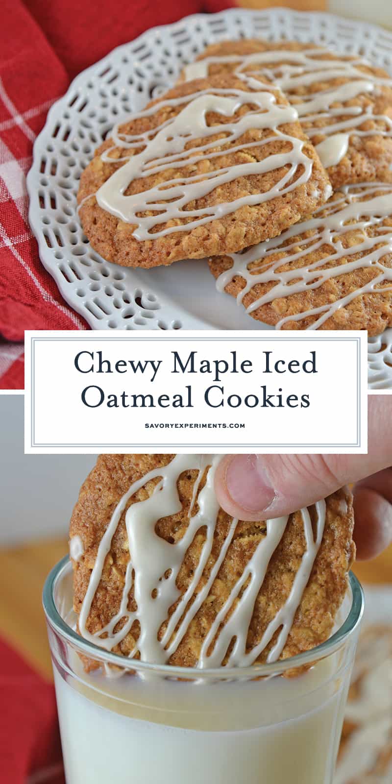 Maple Iced Oatmeal Cookies take your traditional oatmeal cookies and turn them up a notch by adding a delicious maple glaze! #chewyoatmealcookies #softoatmealcookies www.savoryexperiments.com
