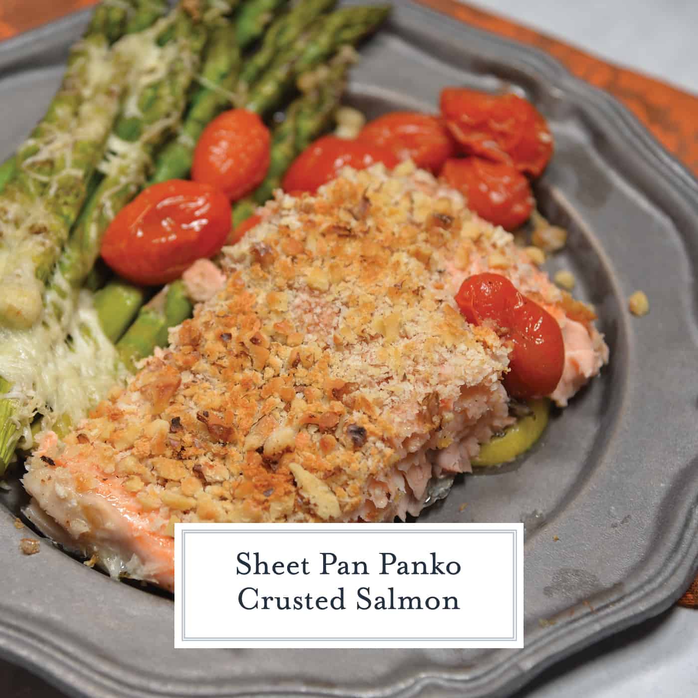 Panko Crusted Salmon is a fast, easy, and healthy weeknight meal! This recipe uses tomatoes, asparagus, and a crispy panko and walnut topping for your salmon! #crustedsalmon #sheetpandinners #salmonintheoven www.savoryexperiments.com