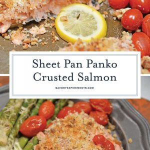 Panko Crusted Salmon is a fast, easy, and healthy weeknight meal! This recipe uses tomatoes, asparagus, and a crispy panko and walnut topping for your salmon! #crustedsalmon #sheetpandinners #salmonintheoven www.savoryexperiments.com