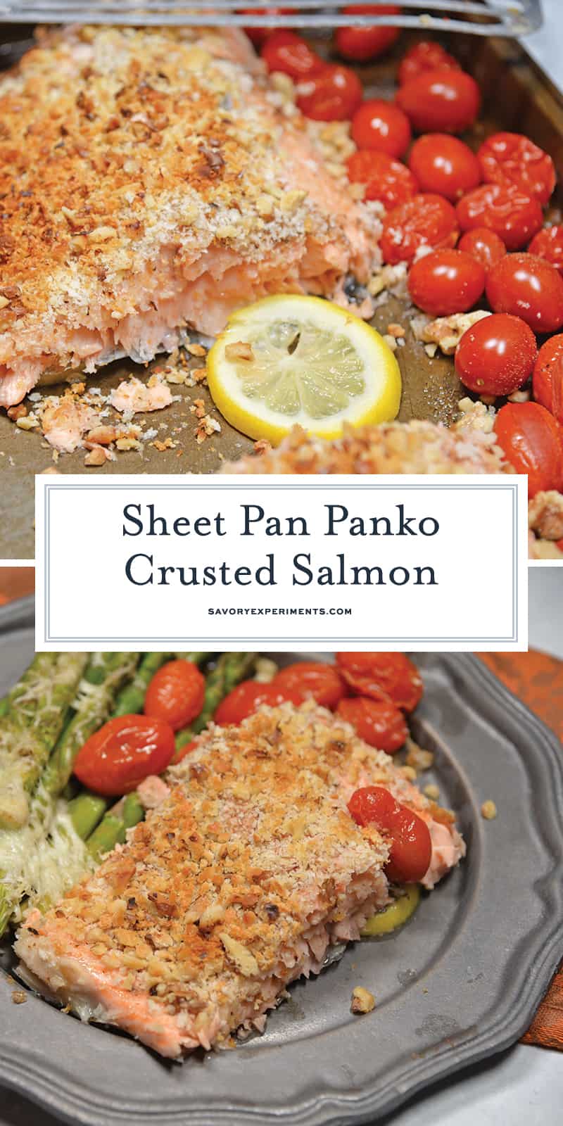 Panko Crusted Salmon is a fast, easy, and healthy weeknight meal! This recipe uses tomatoes, asparagus, and a crispy panko and walnut topping for your salmon! #crustedsalmon #sheetpandinners #salmonintheoven www.savoryexperiments.com