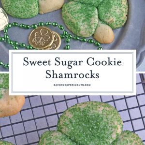 Sugar Cookie Shamrocks bring the luck of the Irish with them. St. Patrick's Day cookies creatively molded to make green lucky clovers, a great St. Patrick's Day dessert recipe. #stpatricksdayfood #stpatricksdaydessert www.savoryexperiments.com