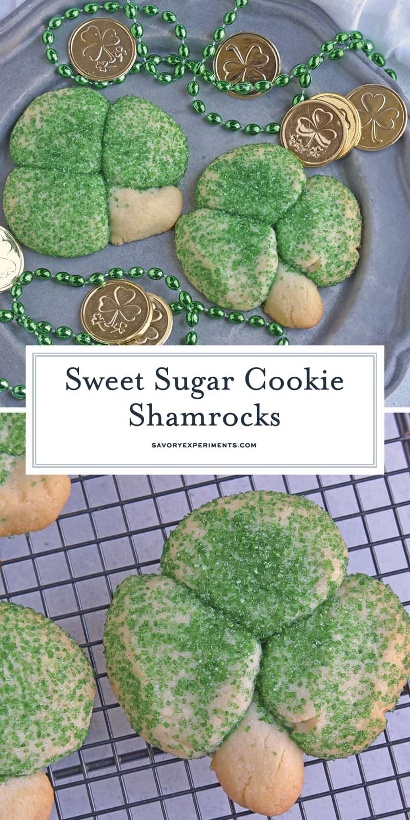 Sugar Cookie Shamrocks bring the luck of the Irish with them. St. Patrick's Day cookies creatively molded to make green lucky clovers, a great St. Patrick's Day dessert recipe. #stpatricksdayfood #stpatricksdaydessert www.savoryexperiments.com