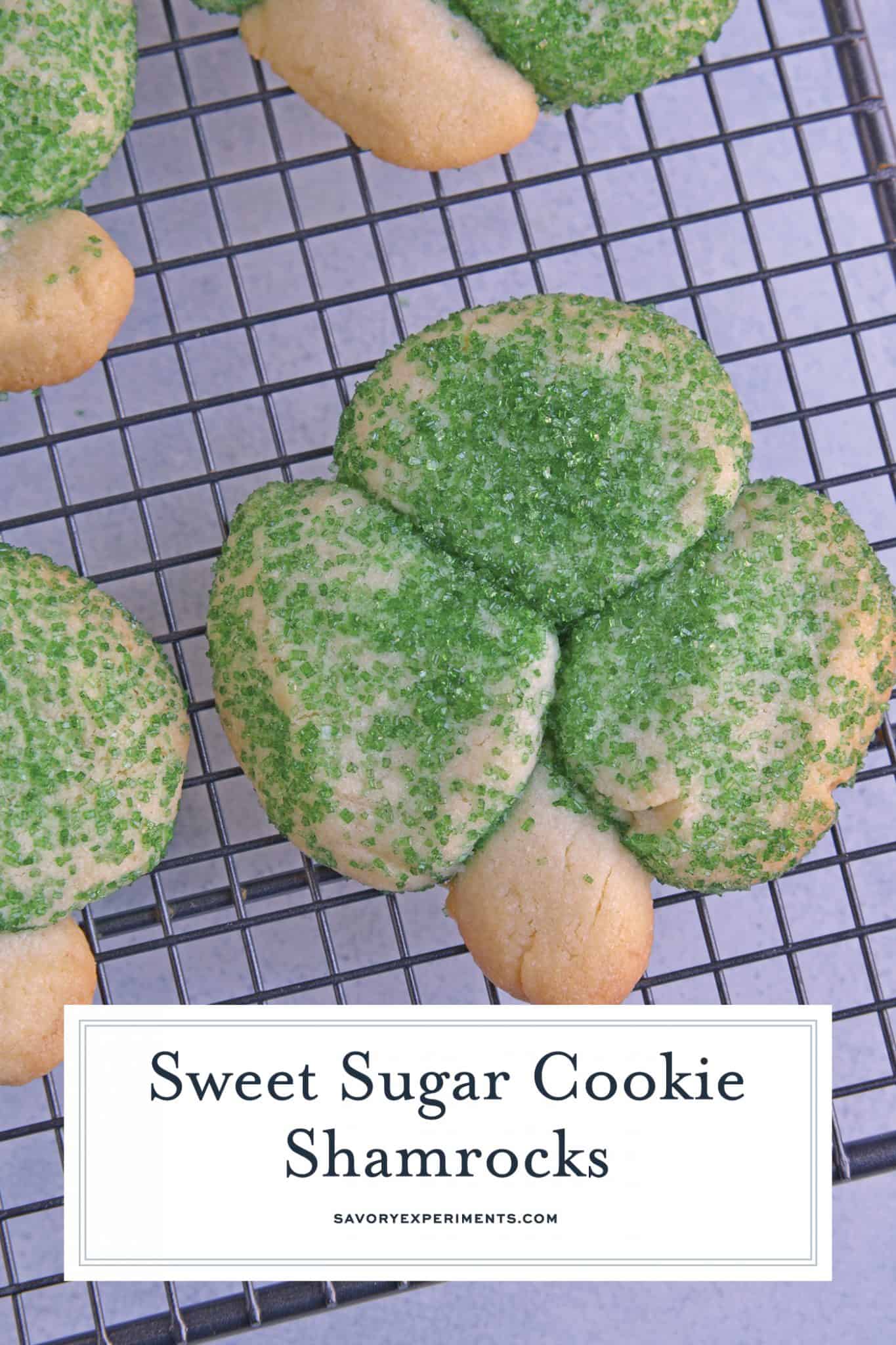 Sugar Cookie Shamrocks bring the luck of the Irish with them. St. Patrick's Day cookies creatively molded to make green lucky clovers, a great St. Patrick's Day dessert recipe. #stpatricksdayfood #stpatricksdaydessert www.savoryexperiments.com