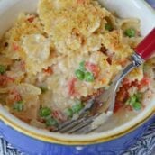 Fancy Tuna Noodle Casserole comes packed with bow tie pasta, seasoned panko, fresh vegetables and sun dried tomatoes! #tunanoodlecasserolerecipe #easytunanoodlecasserole www.savoryexperiments.com