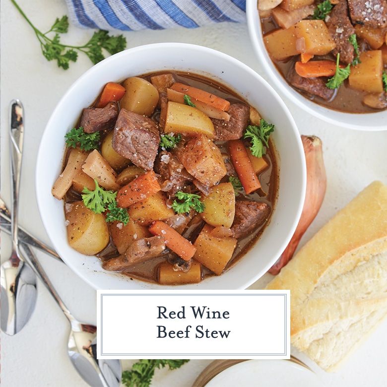 overhead of red wine beef stew with text overlay