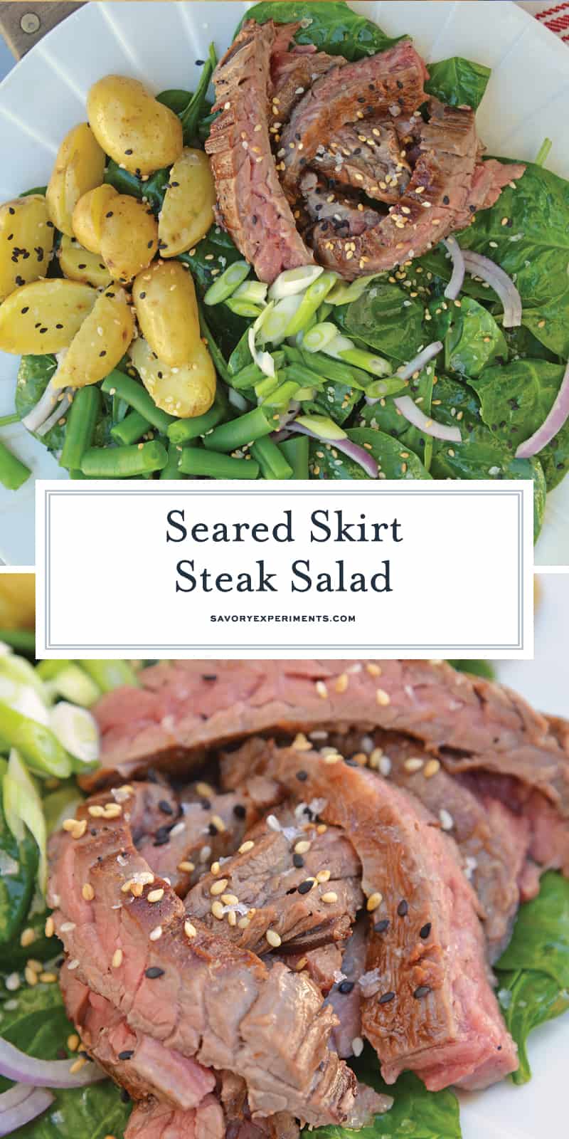 Skirt Steak Salad - an easy and healthy dinner solution that uses 6 ingredients and a simple homemade miso ginger dressing. The only steak salad recipe you need! #steaksaladrecipe #skirtsteaksalad www.savoryexperiments.com