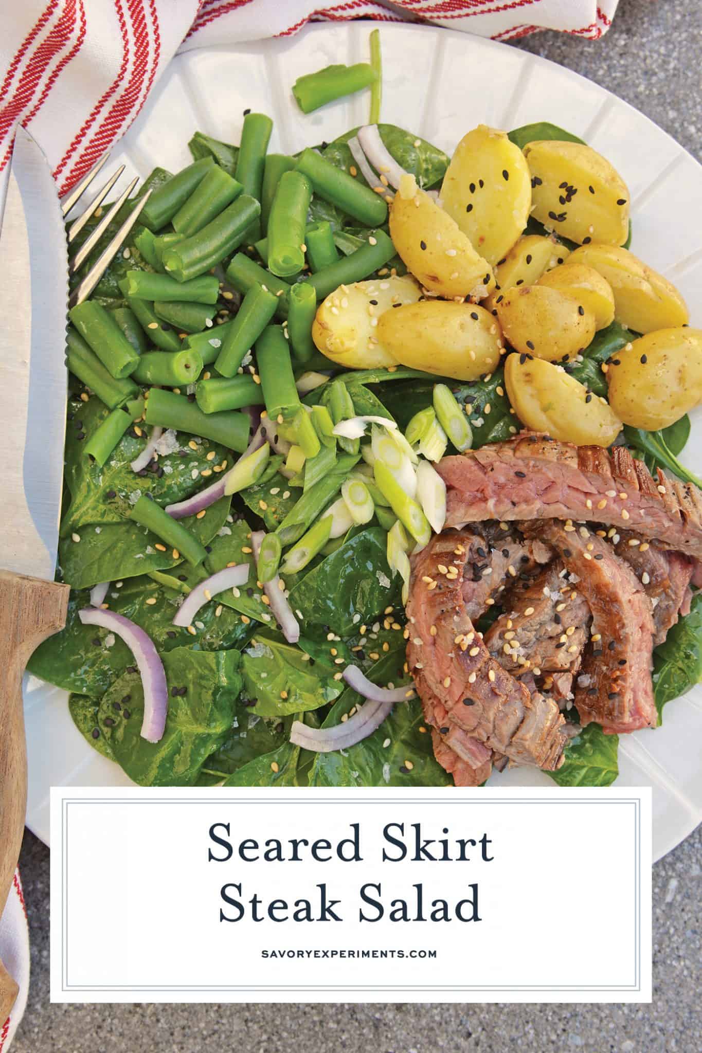 Skirt Steak Salad - an easy and healthy dinner solution that uses 6 ingredients and a simple homemade miso ginger dressing. The only steak salad recipe you need! #steaksaladrecipe #skirtsteaksalad www.savoryexperiments.com