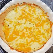 Chile Relleno Quiche in white baking dish