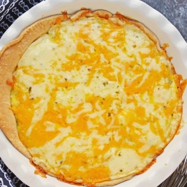 Chile Relleno Quiche in white baking dish