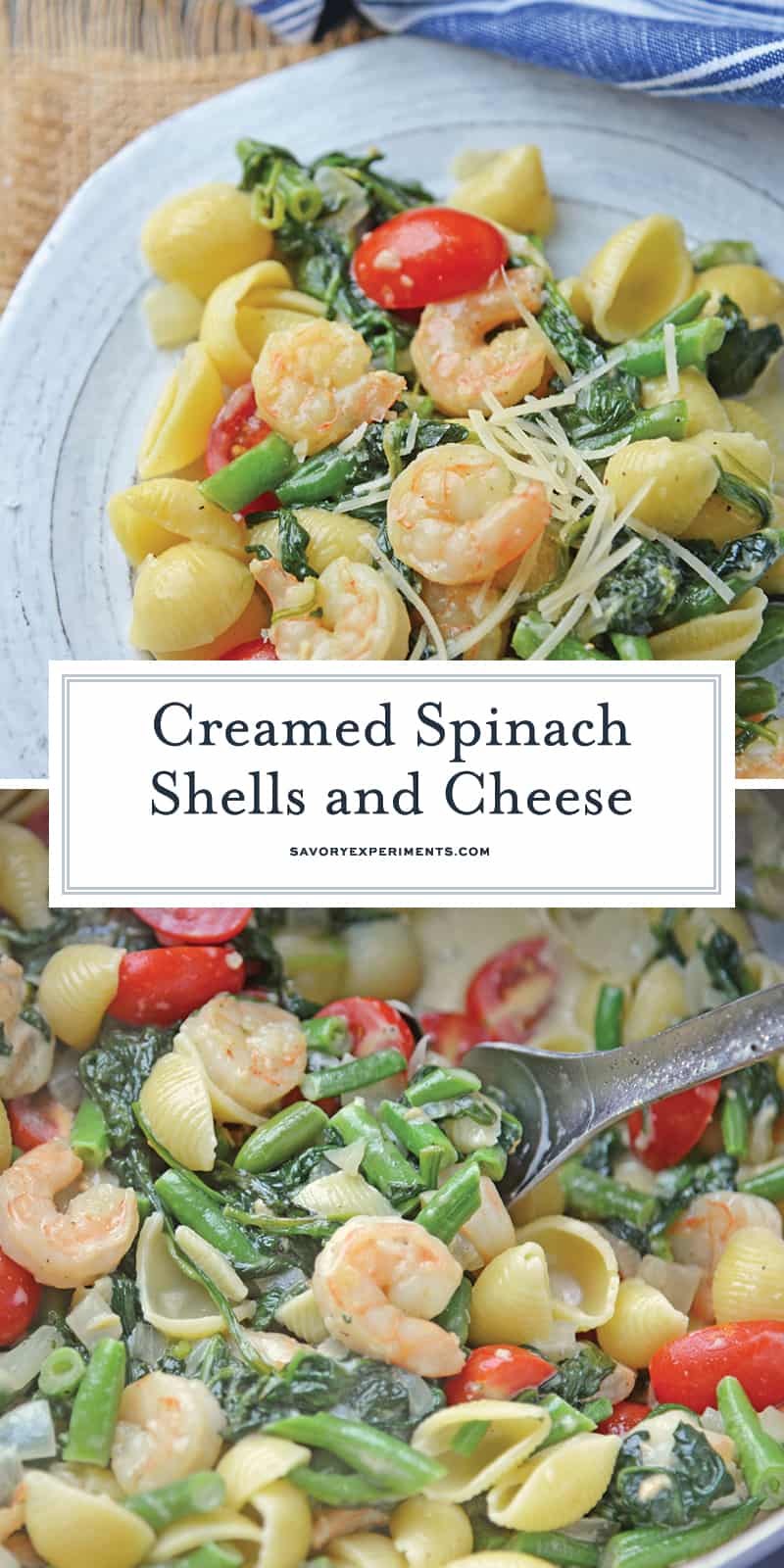 Creamed Spinach Shells and Cheese uses creamed spinach as a sauce for an amazingly quick pasta dish, that you won't be able to get enough of! #spinachcreamsauce #creamedspinachrecipes www.savoryexperiments.com