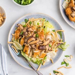 overhead of chinese almond chicken on a serving plate