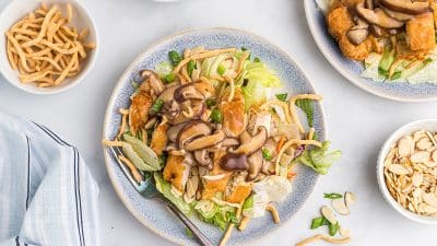 overhead of chinese almond chicken on a serving plate