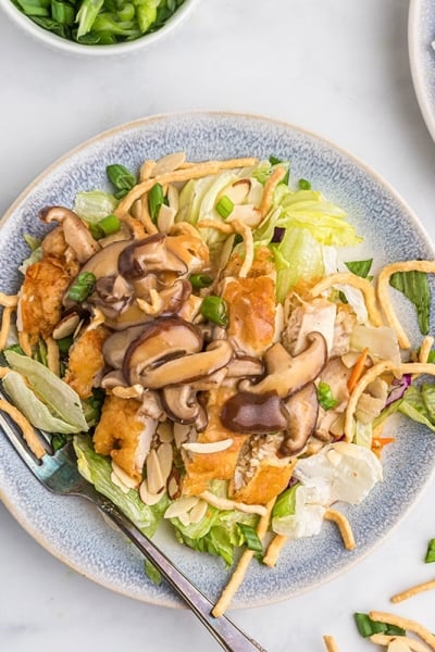 overhead of chinese almond chicken on a serving plate