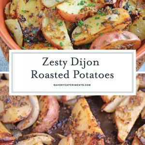 This Dijon Roasted Potatoes recipe is the perfect potato side dish to serve alongside chicken or steak! These oven roasted potatoes are packed full of flavor! #ovenroastedpotatoes #roastedpotatoesrecipe www.savoryexperiments.com