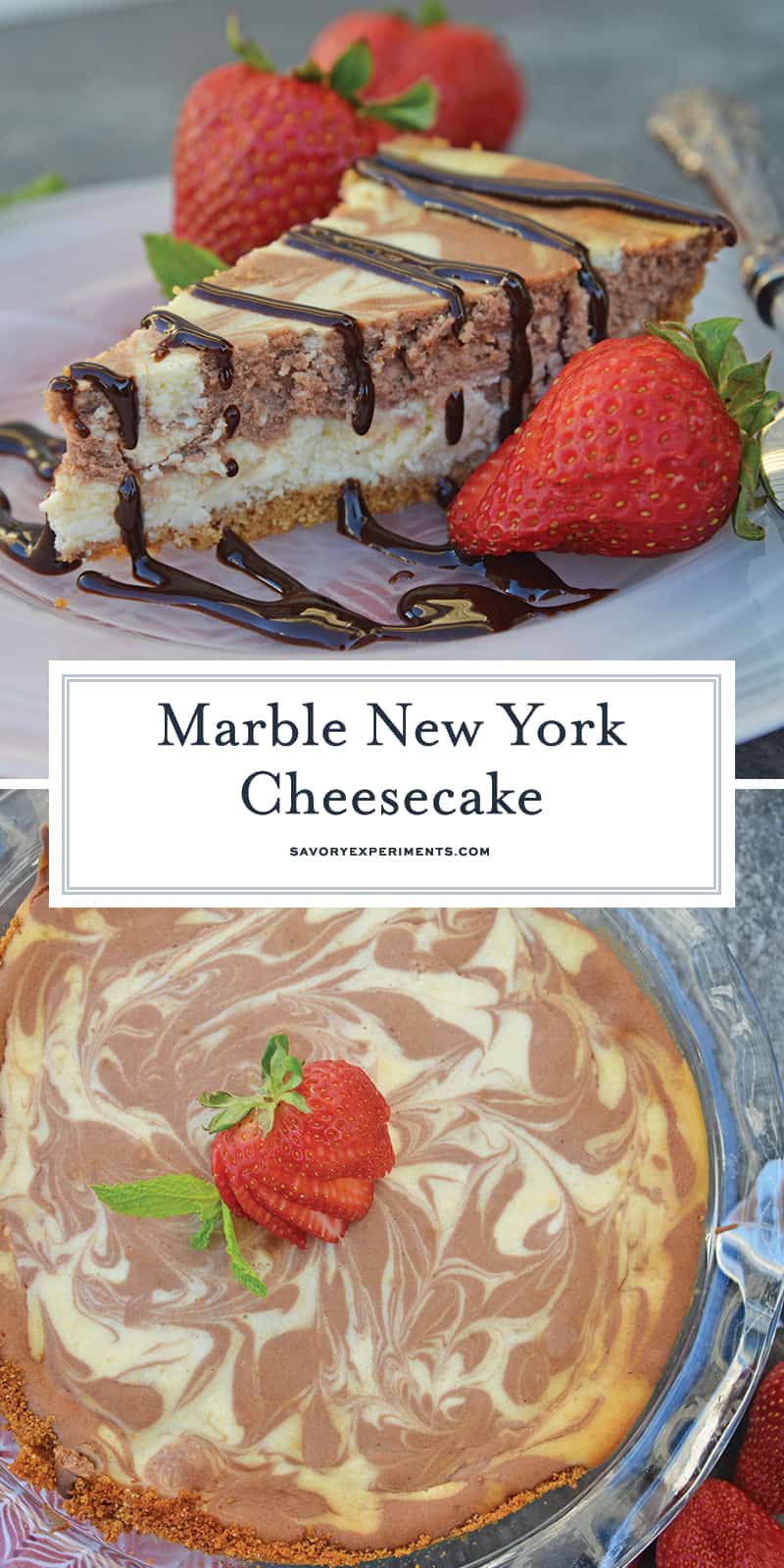 Marble New York Cheesecake is one of the best cheesecake recipes you'll ever come across! This dessert is a thicker but deliciously creamy cheesecake recipe! #newyorkstylecheesecake #bestcheesecakerecipes www.savoryexperiments.com