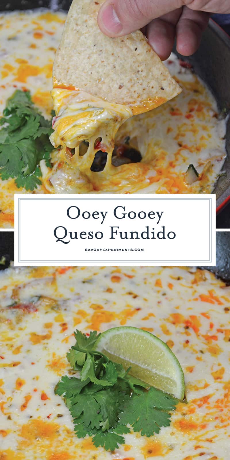 This Queso Fundido recipe is an easy Mexican cheese dip made of chopped vegetables, cilantro, chile powder and shredded cheddar and pepper jack cheese! #quesofundido #mexicancheesedip www.savoryexperiments.com