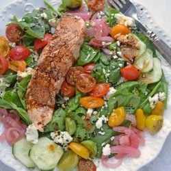 Overhead of Balsamic Salmon Salad on a white plate