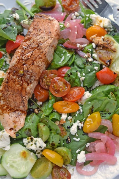 Overhead of Balsamic Salmon Salad on a white plate