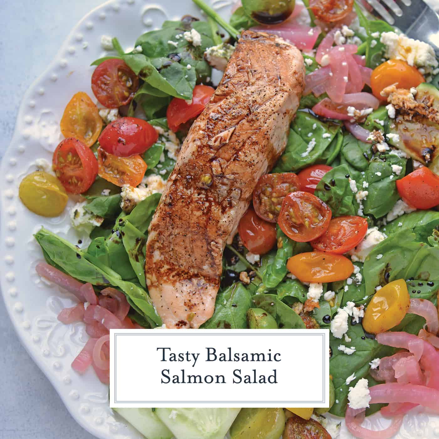 Balsamic Salmon Salad is an easy salad recipe that can be made for dinner, or even an on the go lunch! Serve with chèvre bread for a delicious combination! #salmonsaladrecipe #salmonrecipes www.savoryexperiments.com