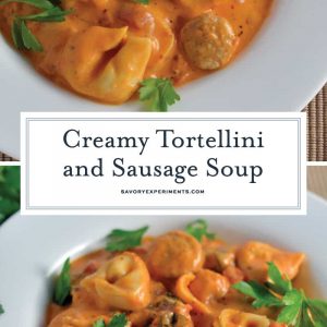 Creamy Tortellini and Sausage Soup can be made in the slow cooker, instant pot or on the stove top. Cheesy tortellini with zesty sauce in a tomato based soup! #sausagesoup #tortellinisoup #slowcookersoup www.savoryexperiments.com