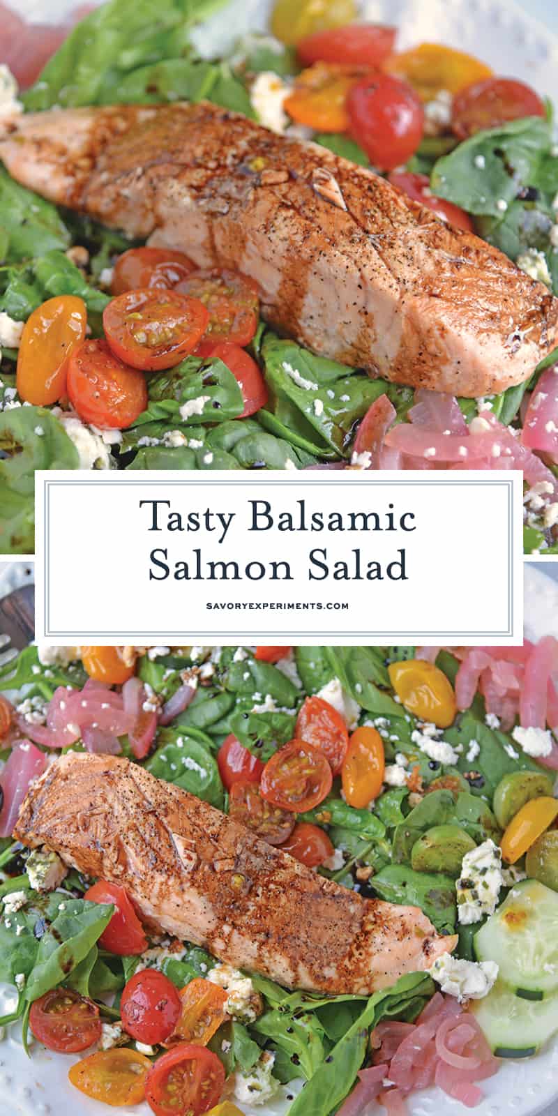 Balsamic Salmon Salad is an easy salad recipe that can be made for dinner, or even an on the go lunch! Serve with chèvre bread for a delicious combination! #salmonsaladrecipe #salmonrecipes www.savoryexperiments.com