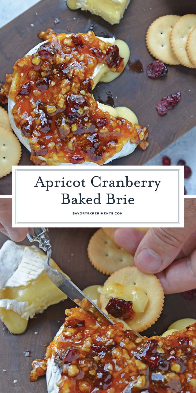 Apricot Cranberry Baked Brie is the ultimate appetizer. This baked brie appetizer will be perfect for any occasion. #bakedbrierecipe #bakedbrieappetizer www.savoryexperiments.com