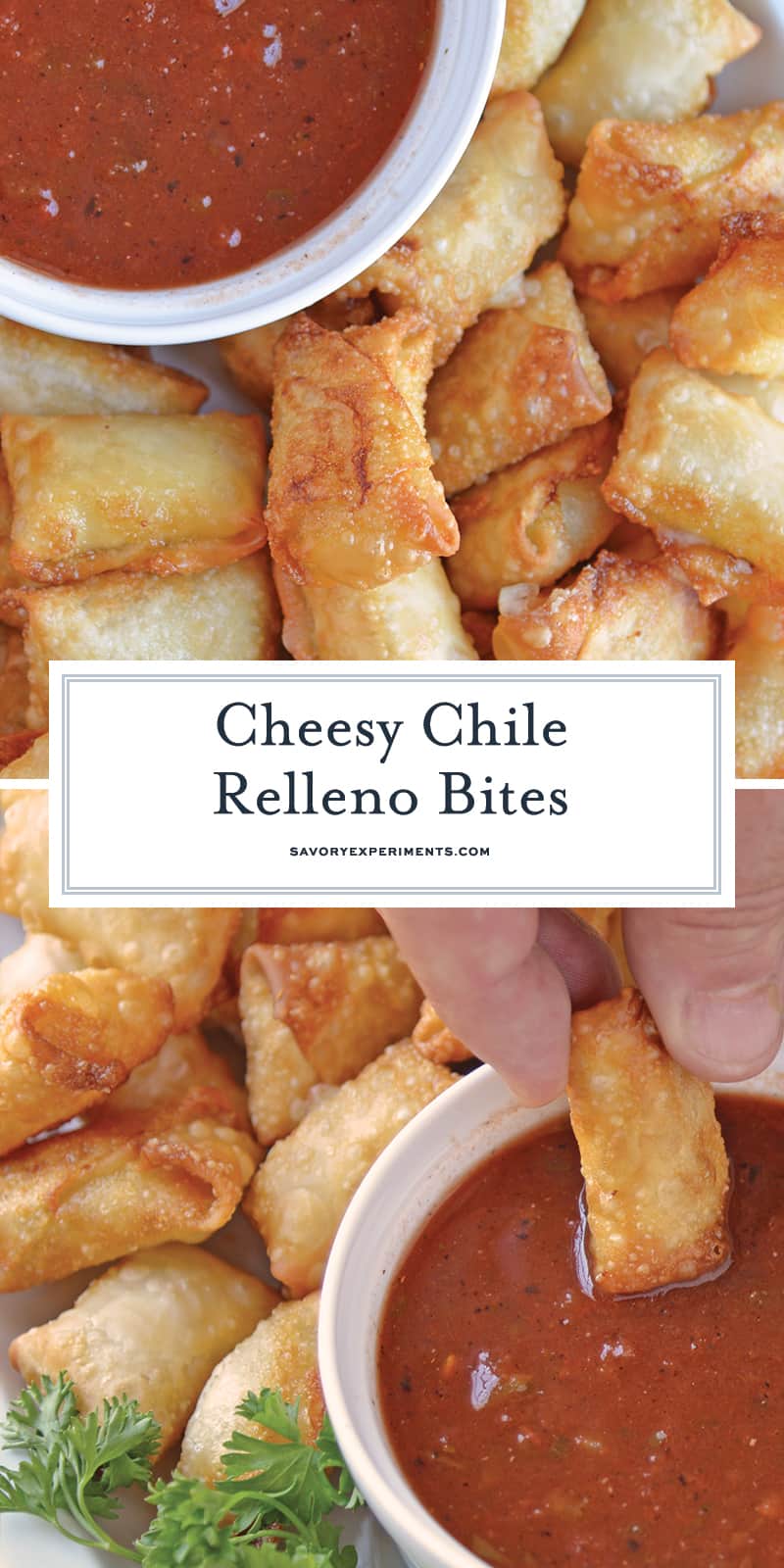 Chile Relleno Bites are a quick hack for making bite sized chile rellenos as an appetizer. Make ahead until you are ready to serve! #chilerellenobites www.savoryexperiments.com 