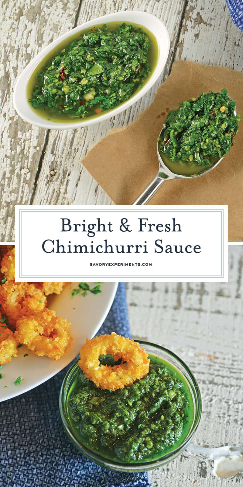 Authentic Chimichurri Sauce is easy to make and doubles as a marinade and sauce. Traditional chimichurri ingredients will flavor any dish! #chimichurrisauce www.savoryexperiments.com