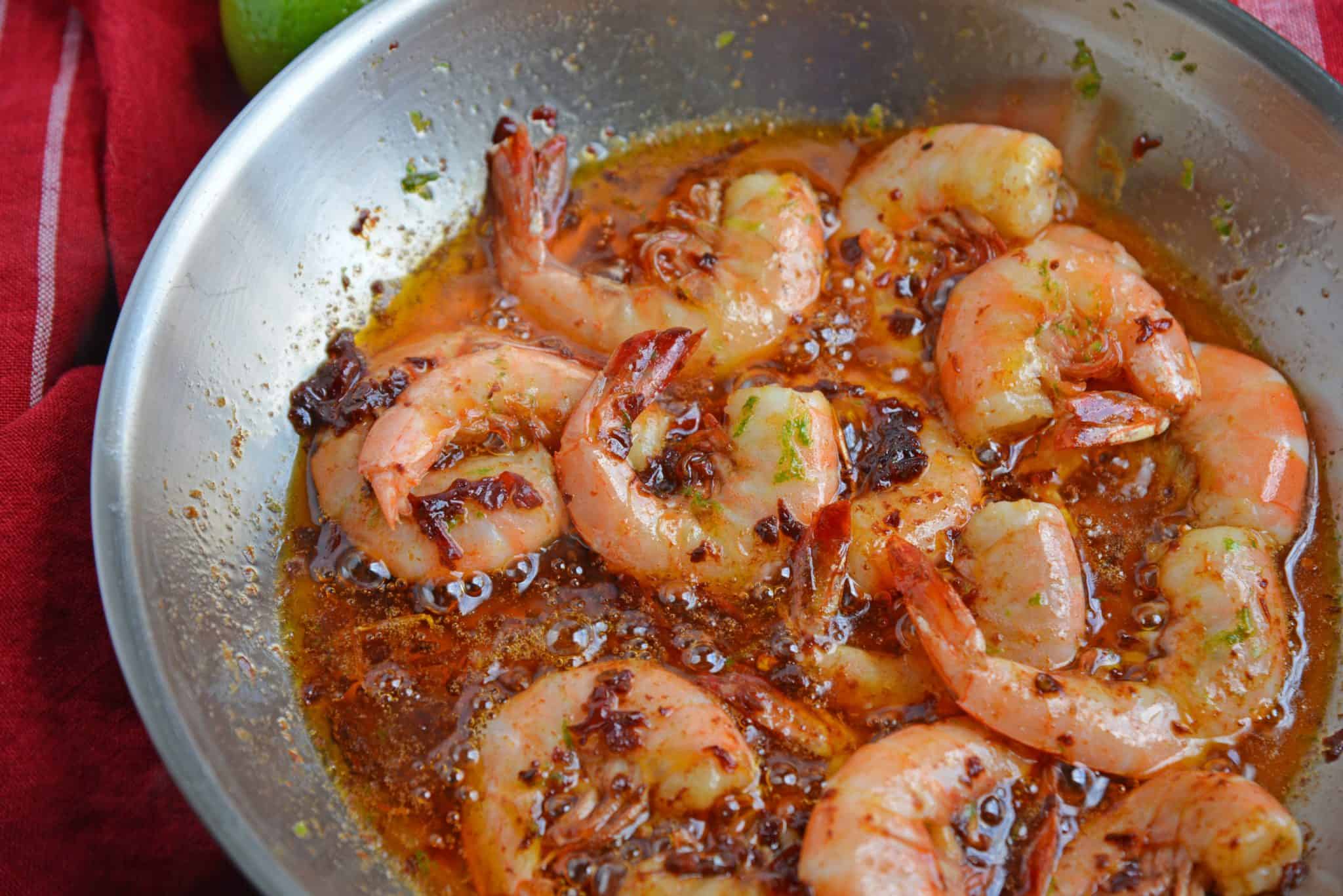 tangy chipotle shrimp recipe in a stainless steel bowl 