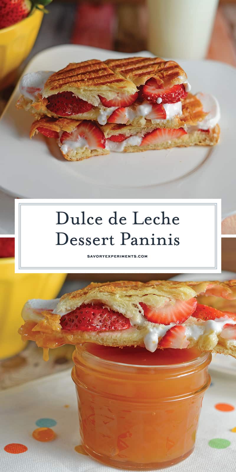 Dulce de Leche Dessert Panini is made up of layers of decadent dulce de leche, gooey marshmallow, and freshly sliced berries all in a buttery croissant! #dessertrecipes #dessertsandwich #dessertswithdulcedeleche www.savoryexperiments.com